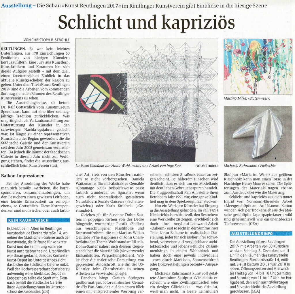 Kunst Reutlingen 2017, Reutlinger Generalanzeiger 01.12.2017